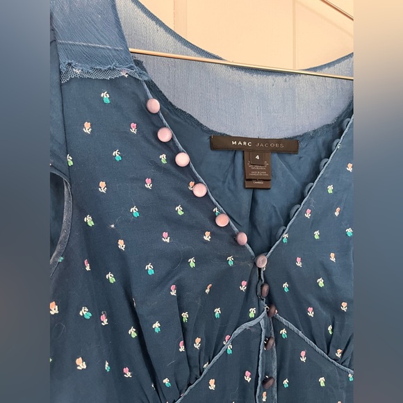 Marc Jacobs 100% Silk Blue Floral Mini Dress Sheer Trim Button Detail Size 4 - Picture 8 of 12